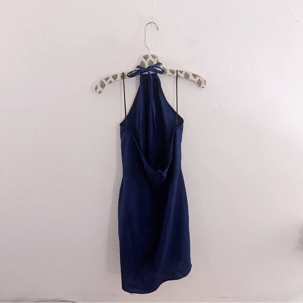 Reformation The Dory Dress Linen Faux Wrap Navy Blue Mini Halter NWT - Picture 3 of 10